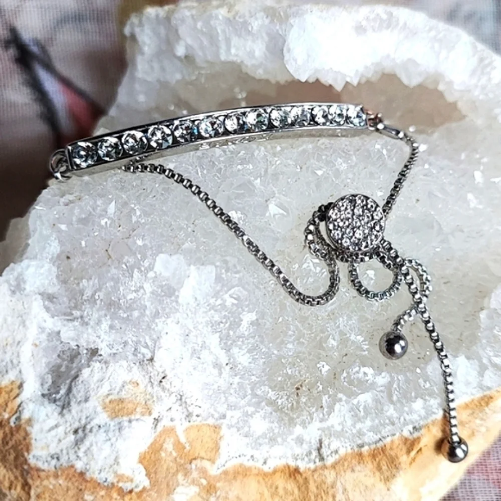 Silver Tone FAITH Christian Cross Clear Rhinestone Slide Bracelet Preloved EUC